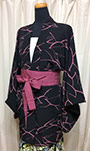 Japanese Haori Silk Jacket Pink Thunder on Black base F/S